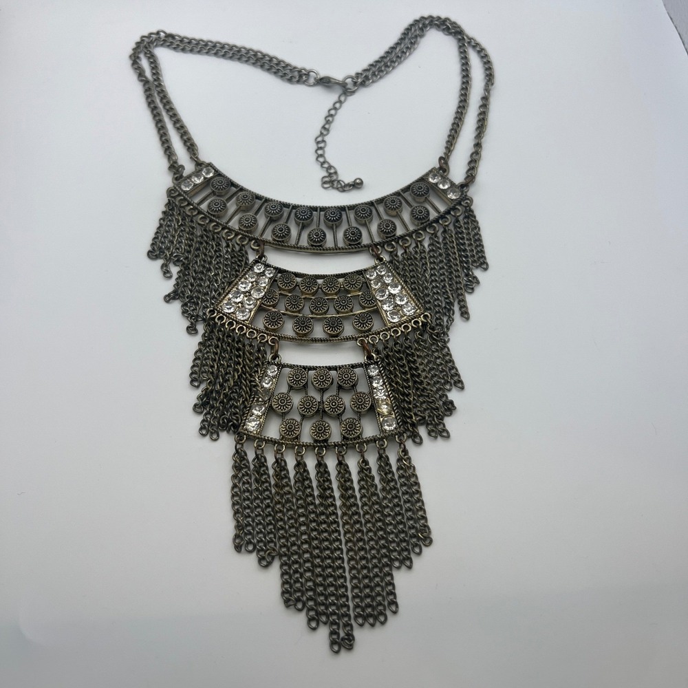 Boho Antique Gold Tone Fringe Bib Statement Necklace Clear Rhinestone‎ Festival